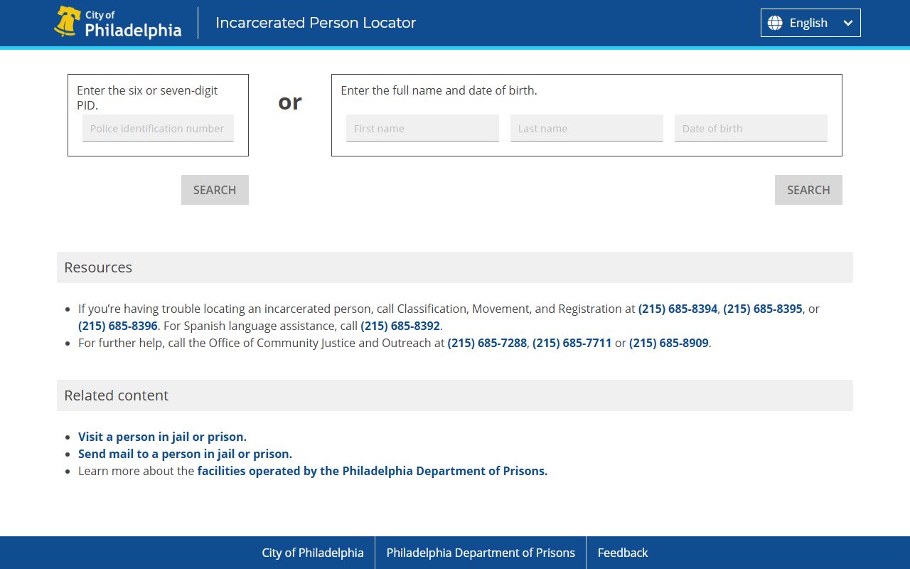Philadelphia County incarcerated person locator for booking reports and inmate search