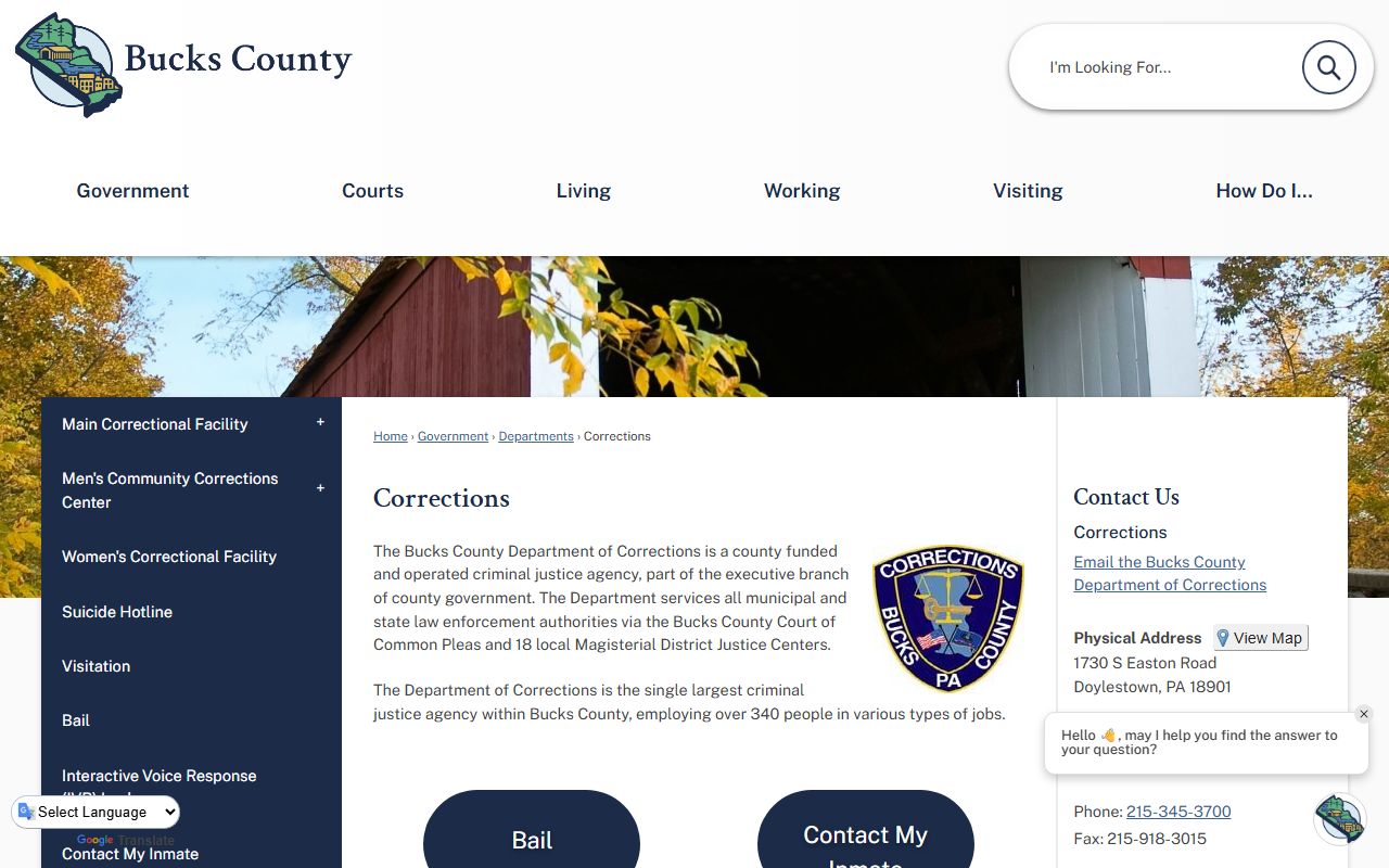 Bucks County Corrections website for searching booking reports and inmate records