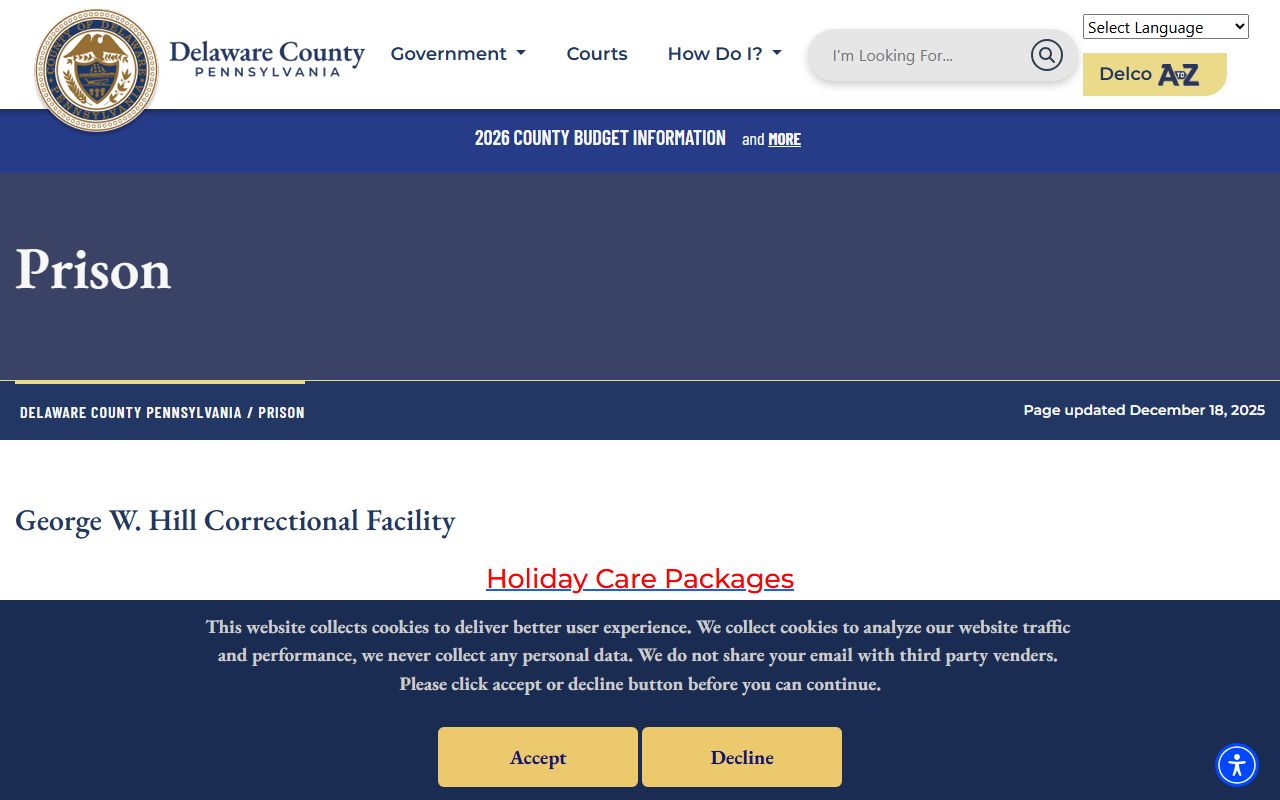 Delaware County Prison facility page for booking reports information