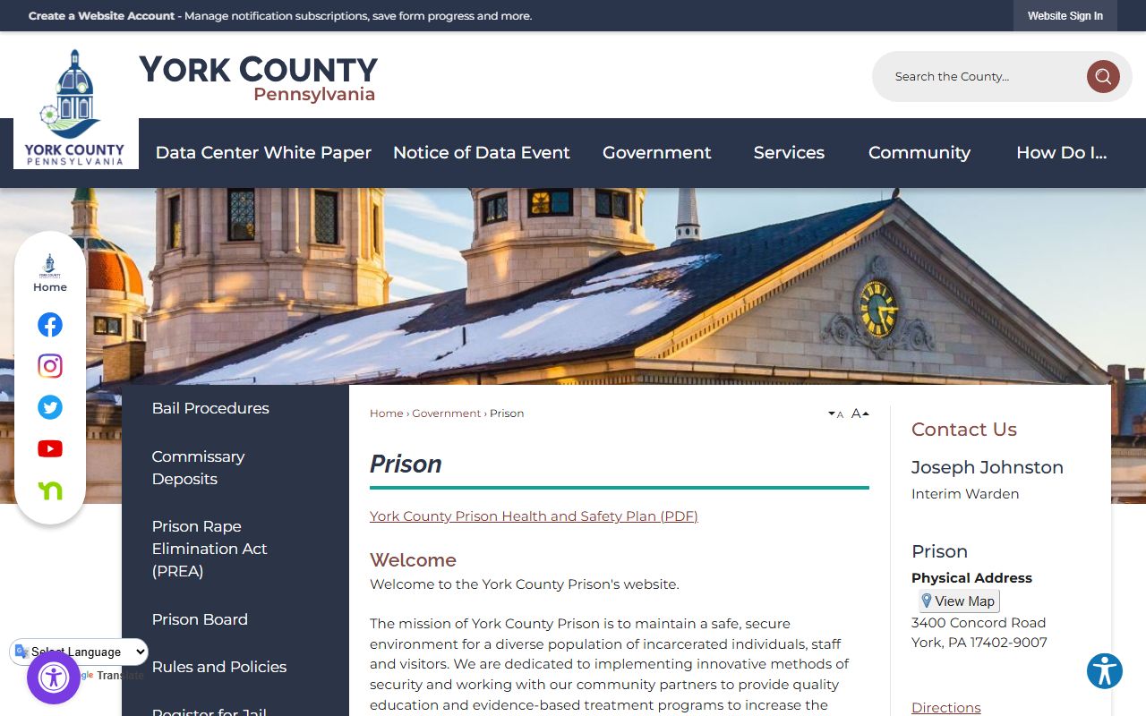 York County Prison website for booking reports and inmate information