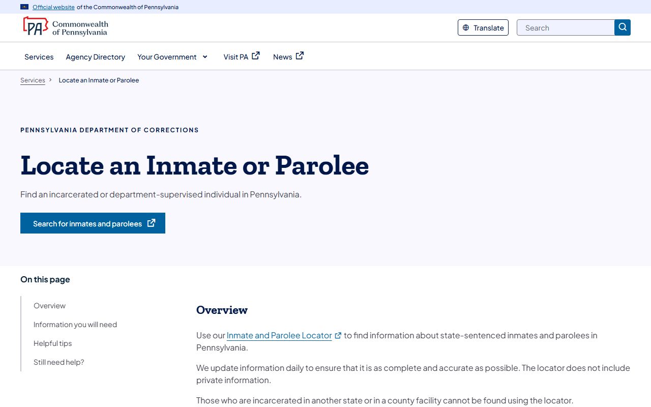 Pennsylvania DOC inmate locator page for jail records
