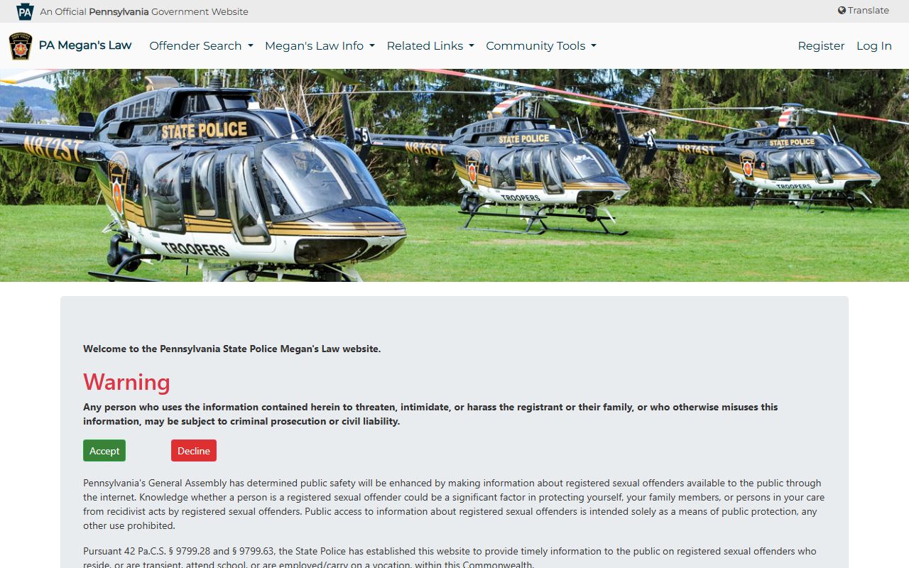 Pennsylvania Megan's Law registry for sex offender booking records