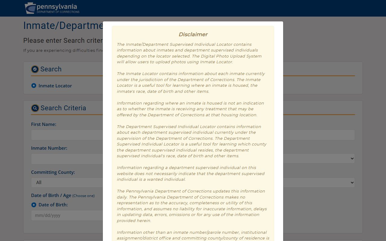 Pennsylvania DOC inmate locator for booking reports