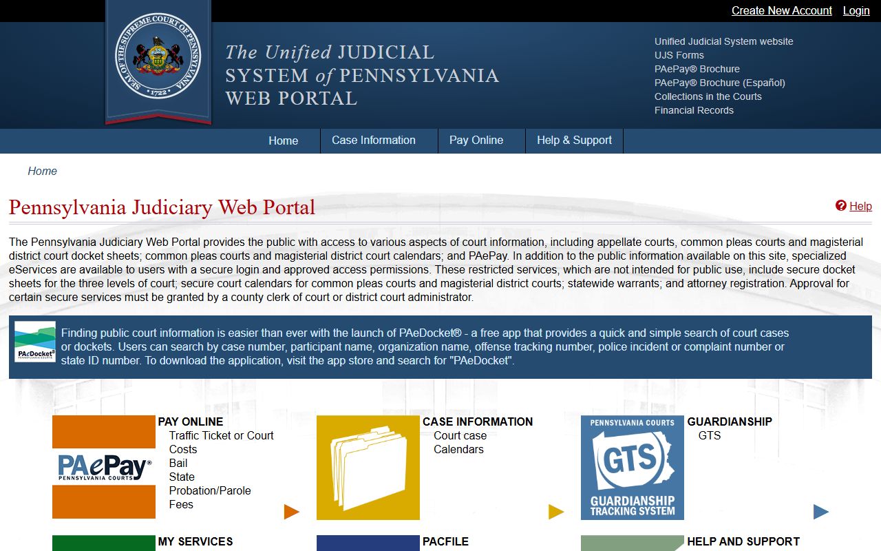 UJS Web Portal for Pennsylvania court records and booking reports
